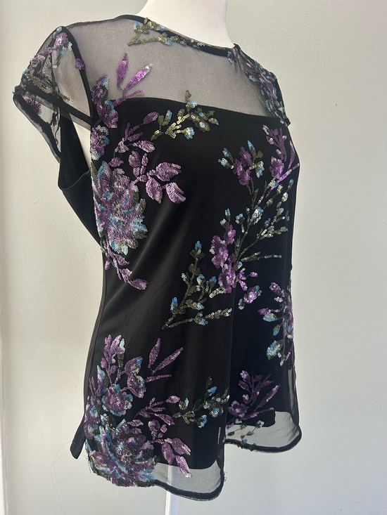 White House Black Market Tops - Sheer Embroidered Floral Sequin Top - Black with Purple & Blue